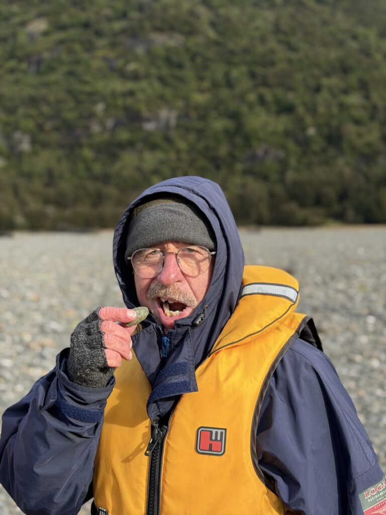 A guest jokingly biting a river stone while hunting for pounamu
